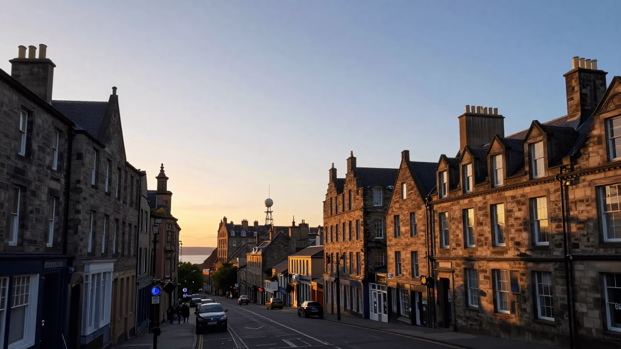 Edinburgh Sunset Street Scene with Weather Radar and Substation Infrastructure in in Edinburgh, United Kingdom