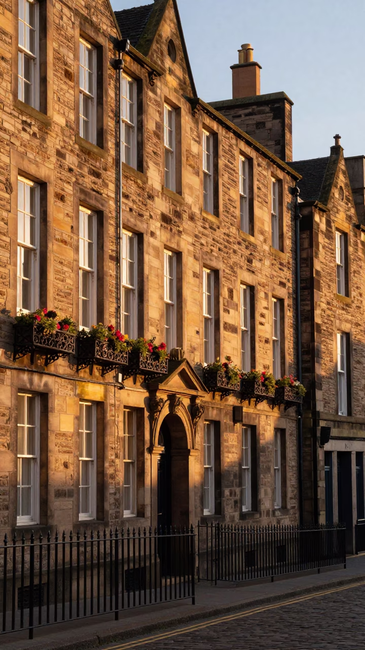 Edinburgh Sunset Street Scene with Window Boxes and Historic Sandstone Architecture in in Edinburgh, United Kingdom