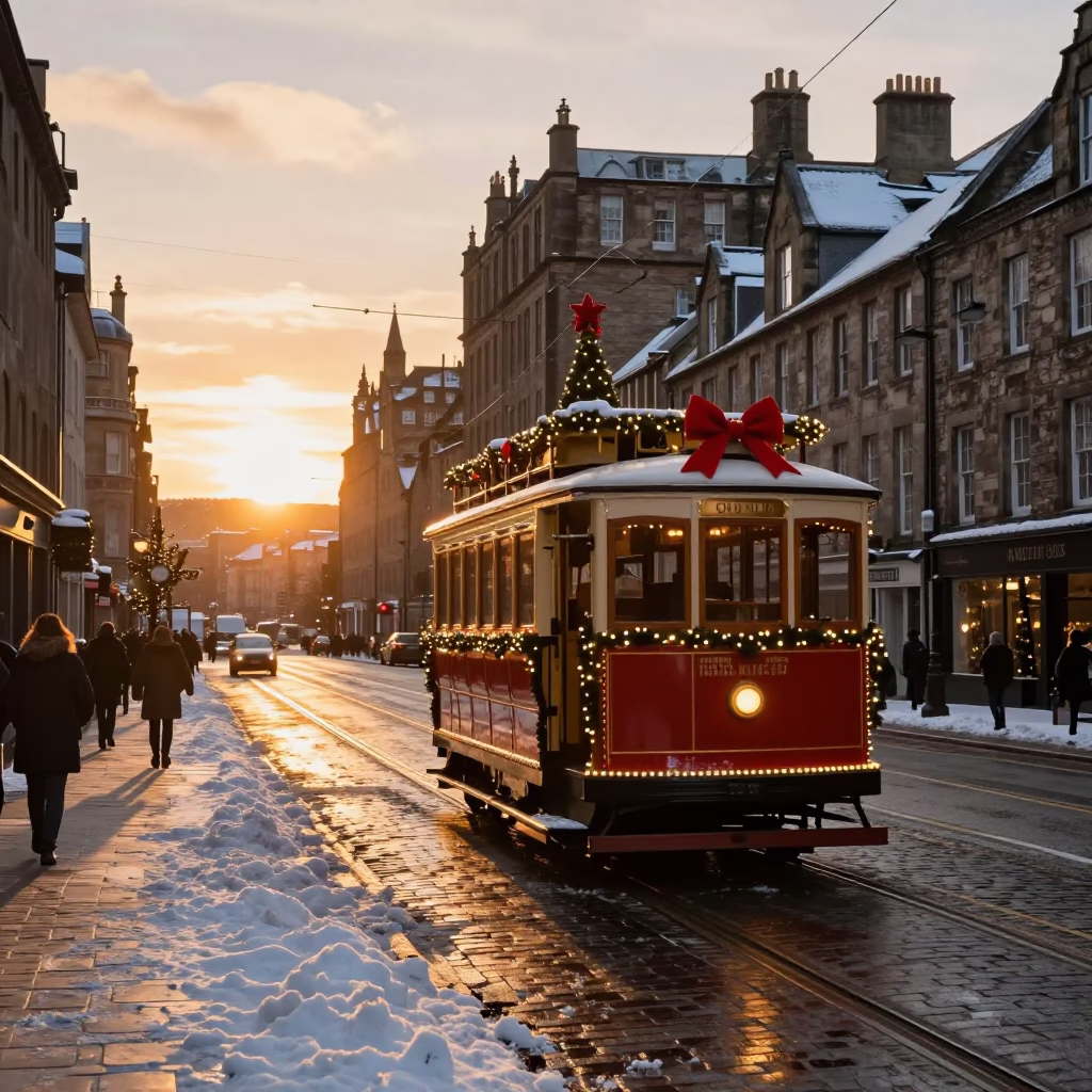 Edinburgh Sunset Tramcar Decorated for Christmas Snowy Avenue Street Scene in in Edinburgh, United Kingdom
