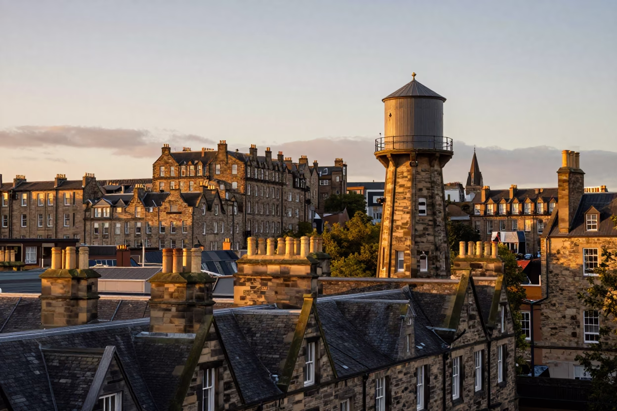 Edinburgh Sunset View of Water Tower and Historic Stone Architecture in in Edinburgh, United Kingdom
