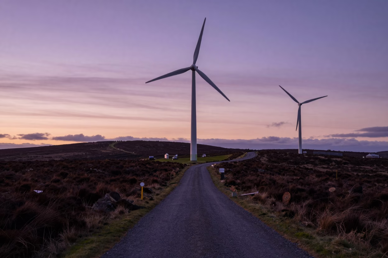 Edinburgh Sunset Wind Farm Service Road and Turning Turbine Blades in Scotland in in Edinburgh, United Kingdom