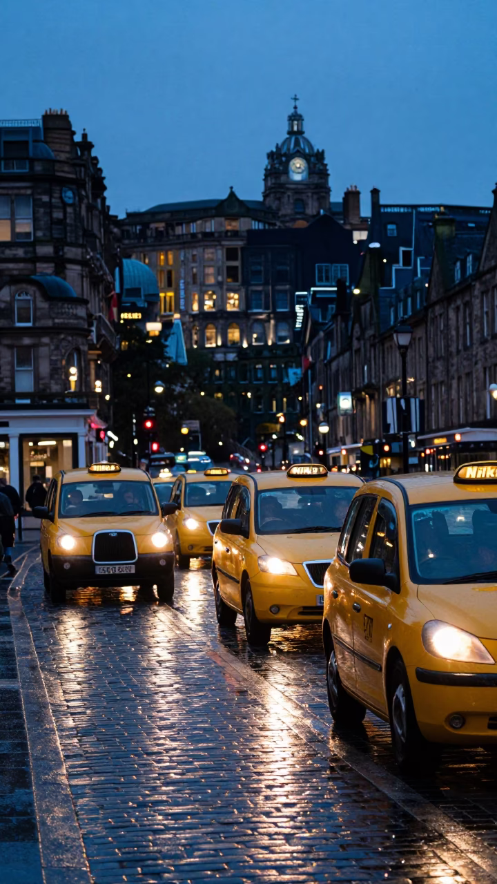 Edinburgh Taxi Rank at Blue Hour with Yellow Cabs and City Lights in in Edinburgh, United Kingdom