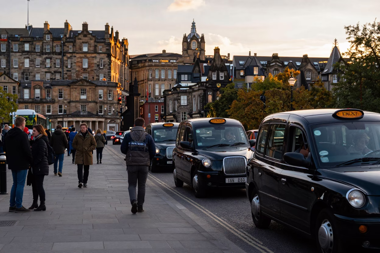 Edinburgh Taxi Rank at Sunset with Historic Stone Buildings and Waiting Vehicles in in Edinburgh, United Kingdom