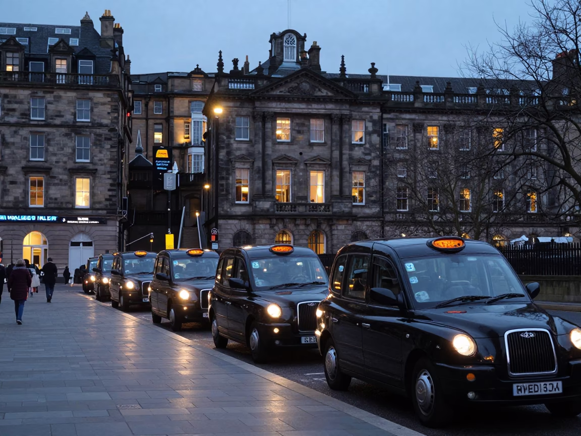 Edinburgh Taxi Rank at Twilight Outside Waverley Station in Late Afternoon Light in in Edinburgh, United Kingdom