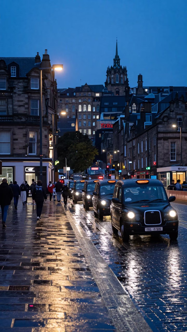 Edinburgh Taxi Rank Outside Train Station at Twilight Before Sunrise in in Edinburgh, United Kingdom