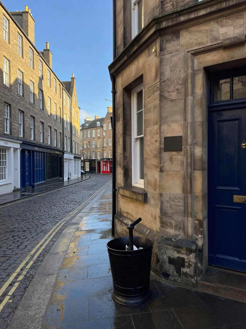 Edinburgh tenement street corner with coal scuttle and wet pavement in in Edinburgh, United Kingdom