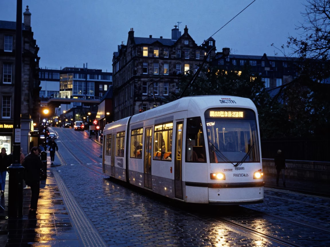 Edinburgh Tram Ascending Steep Hill at Twilight with City Lights in in Edinburgh, United Kingdom