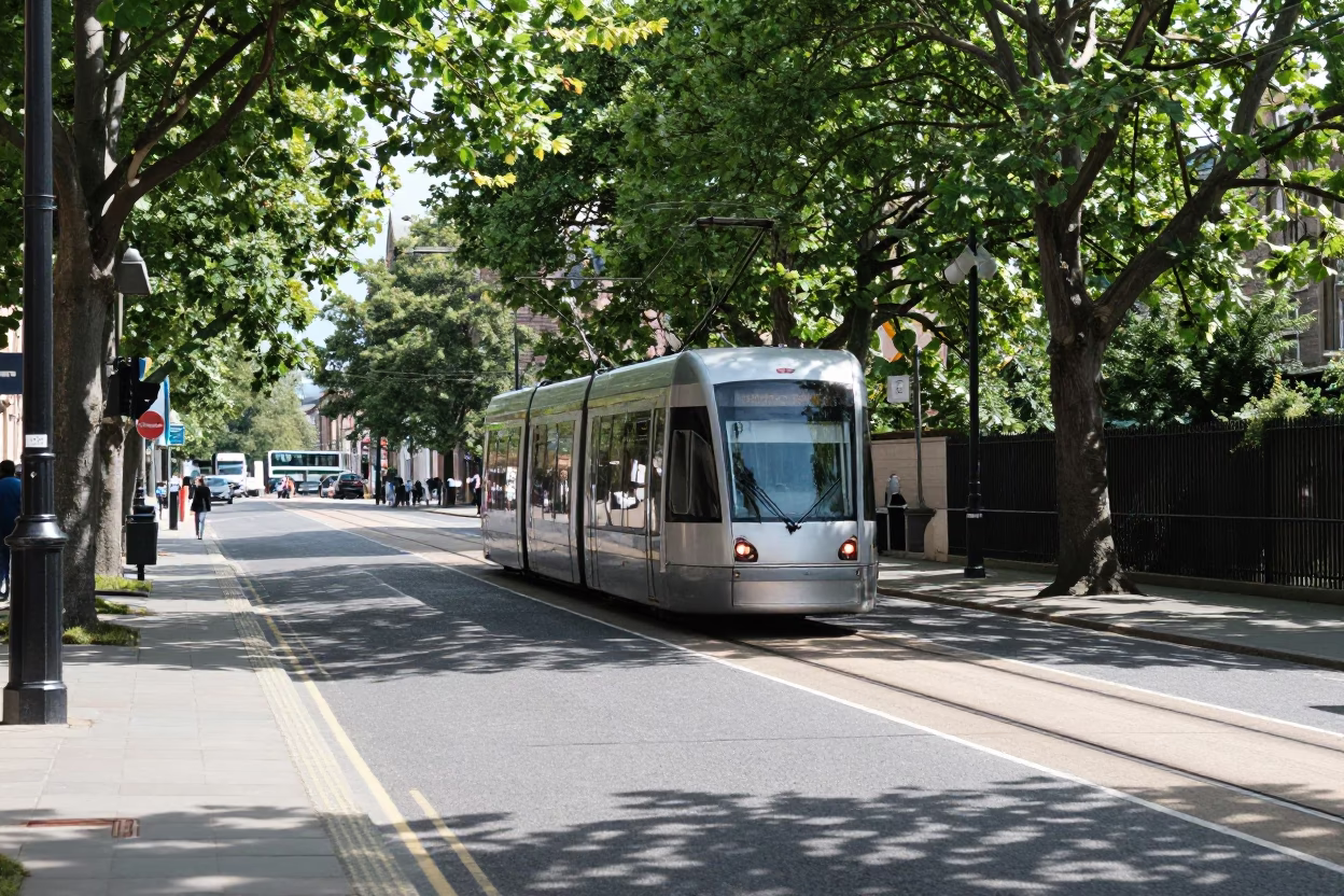 Edinburgh Tramcar Traveling Down Tree Lined Boulevard in Bright Midmorning Light in in Edinburgh, United Kingdom
