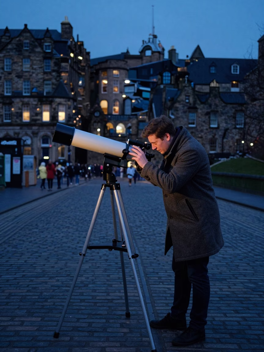 Edinburgh Twilight Scene with Astronomer Aligning Telescope Finder Under Ghostly Sky in in Edinburgh, United Kingdom