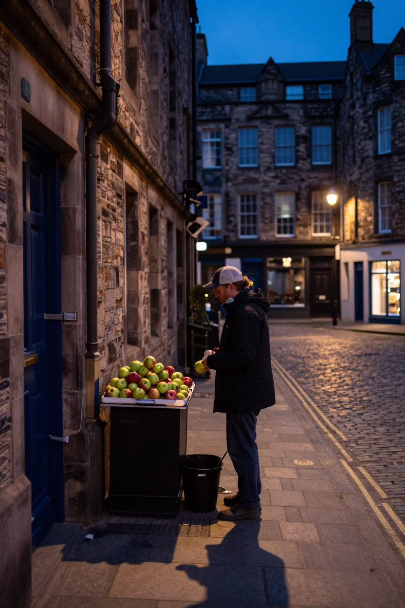 Edinburgh twilight street scene with apples and door latch on historic cobblestone in in Edinburgh, United Kingdom