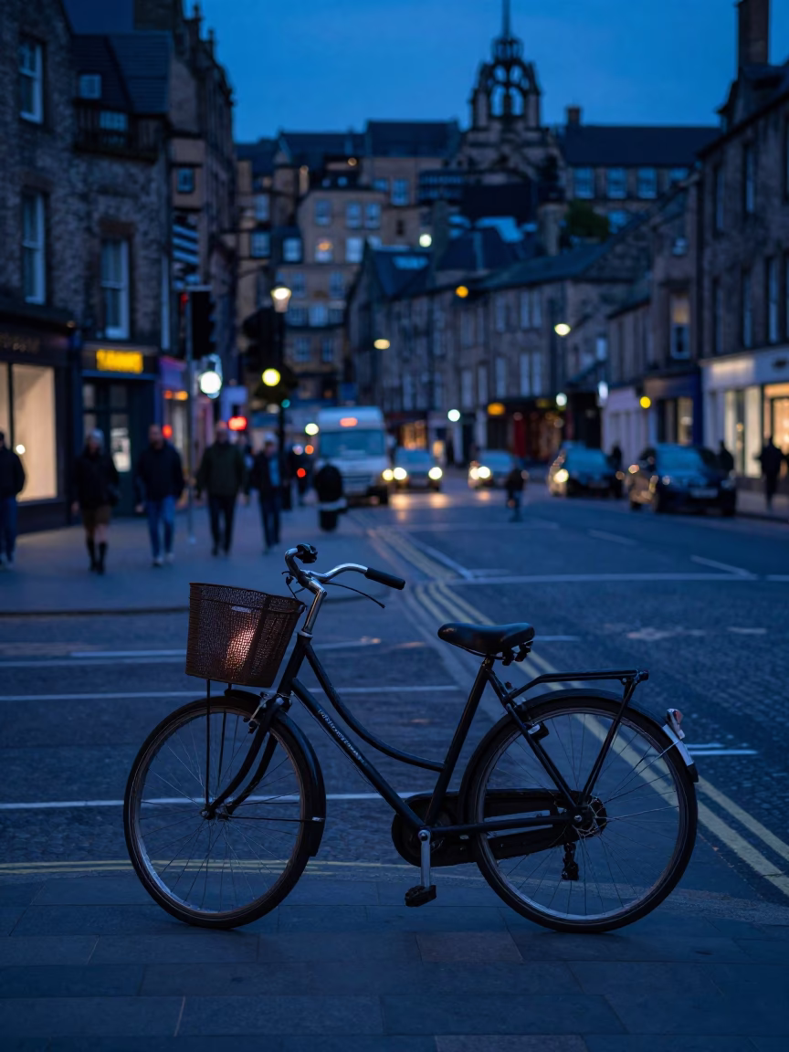 Edinburgh Twilight Street Scene With Bicycle And Perforated Metal Overpass in in Edinburgh, United Kingdom