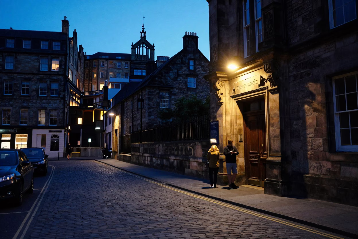 Edinburgh Twilight Street Scene with Book Light Illuminating Guide in in Edinburgh, United Kingdom