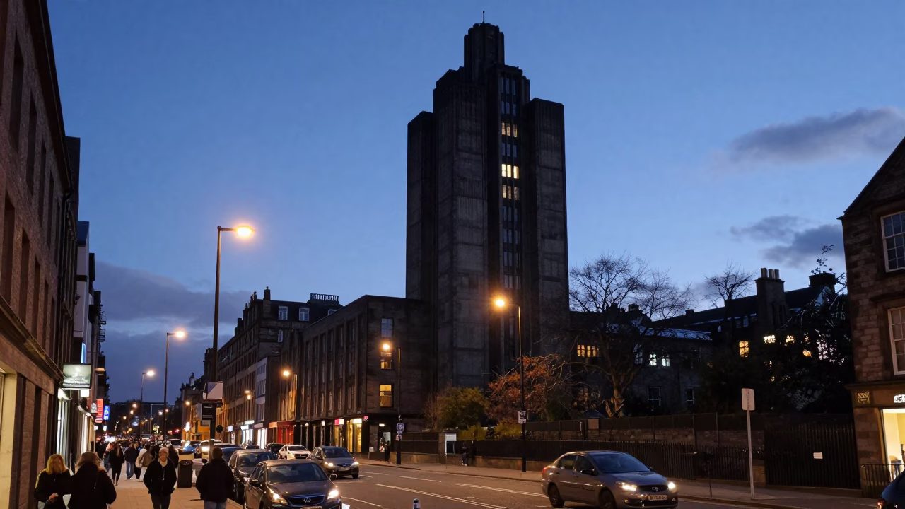 Edinburgh Twilight Street Scene with Brutalist Concrete Tower and Wet Metal Footprints in in Edinburgh, United Kingdom