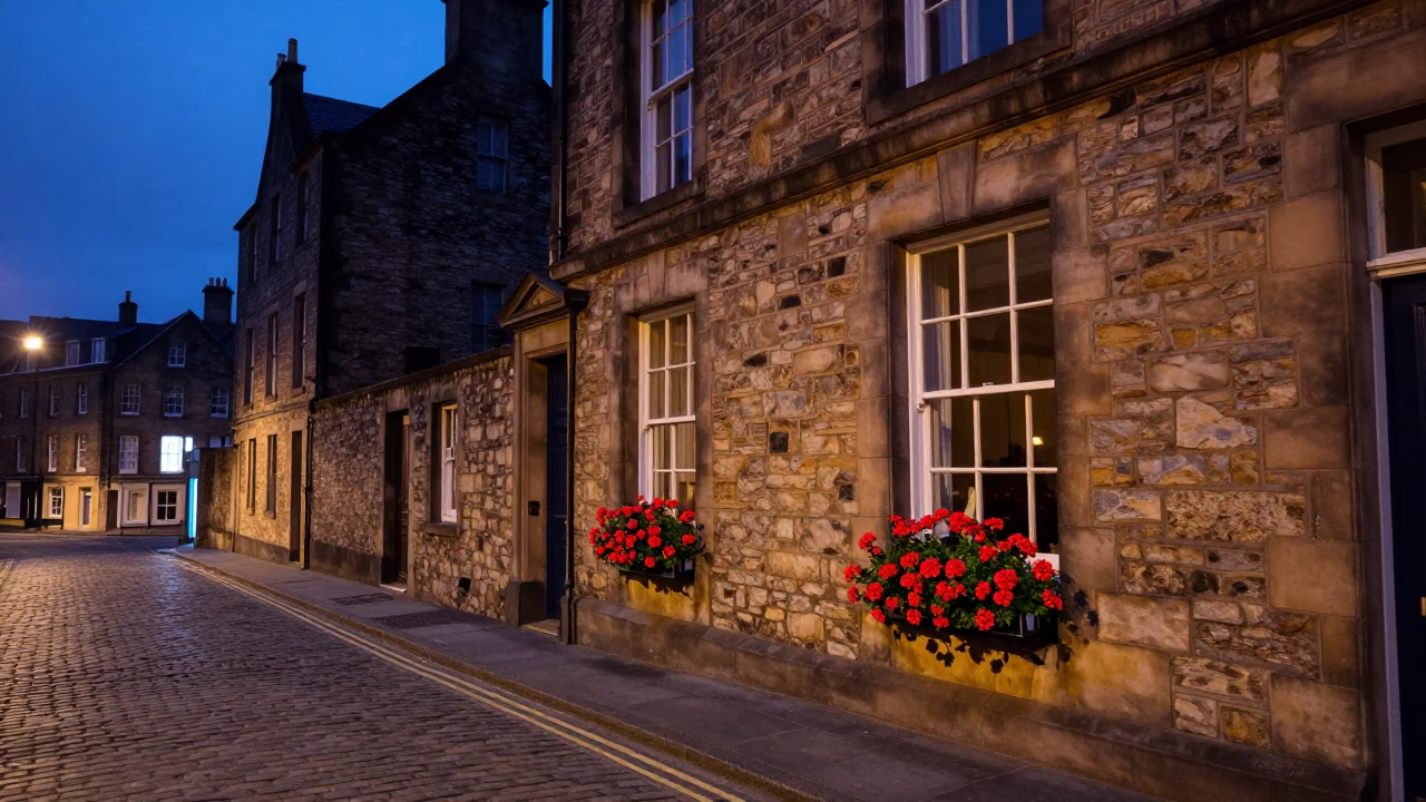 Edinburgh Twilight Street Scene with Geraniums and Open Window in in Edinburgh, United Kingdom