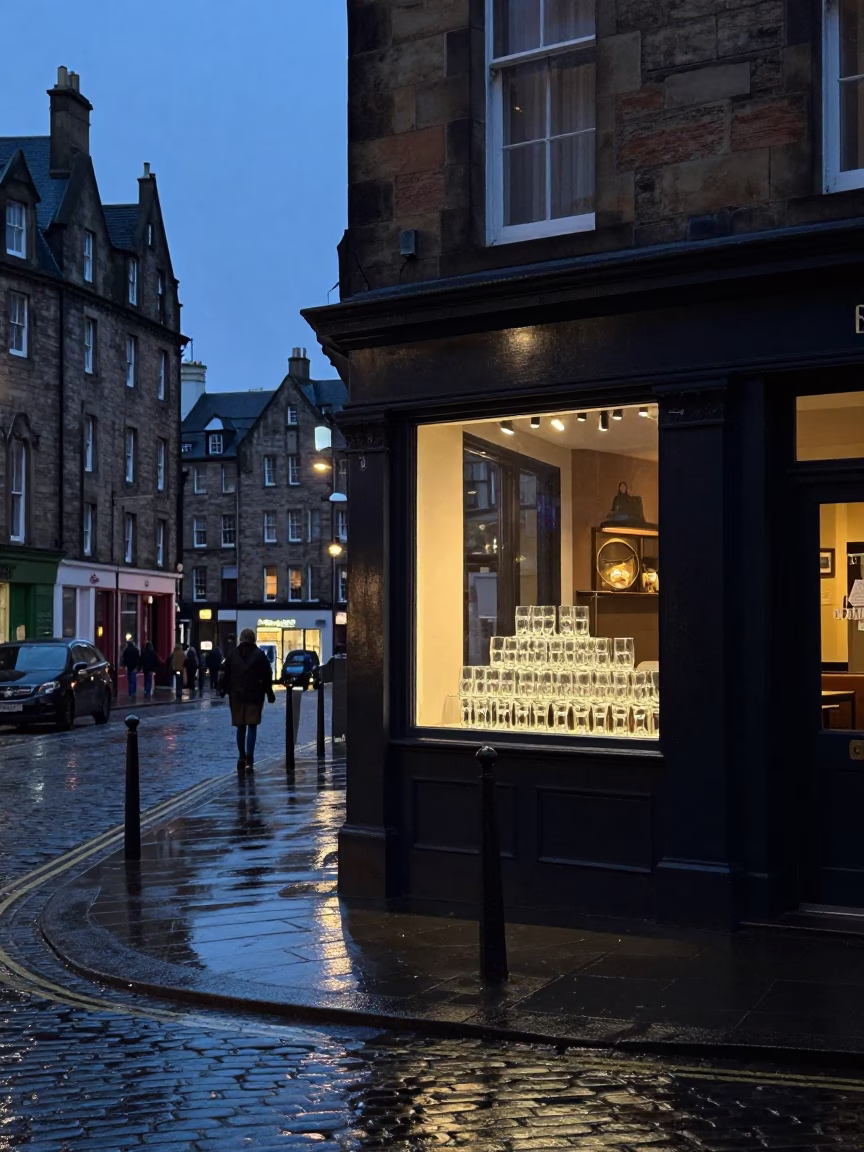 Edinburgh Twilight Street Scene with Glass Tumblers and Urban Details in in Edinburgh, United Kingdom