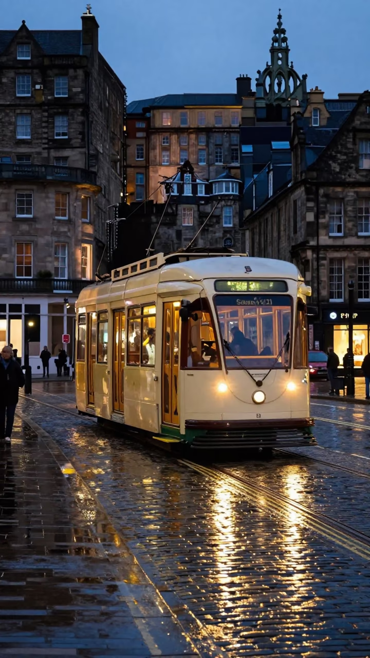 Edinburgh Twilight Street Scene with Heritage Tram on Cobblestone Avenue in in Edinburgh, United Kingdom