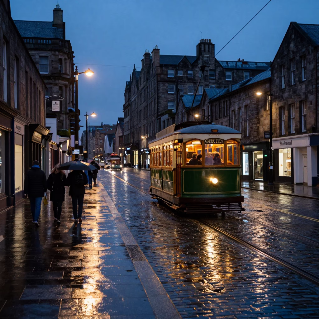 Edinburgh Twilight Street Scene with Heritage Tram on Rain Swept Coastal Promenade in in Edinburgh, United Kingdom