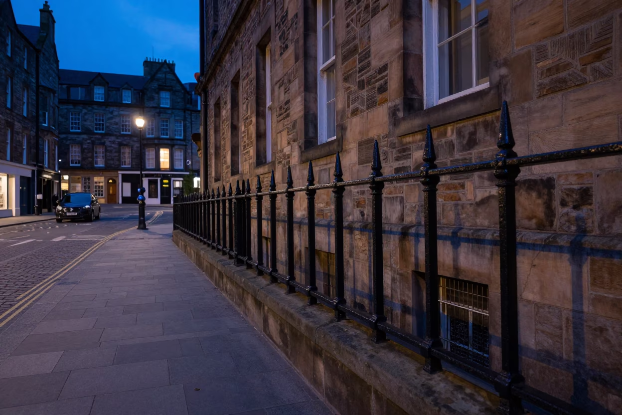 Edinburgh Twilight Street Scene with Peg Rails and Urban Ambiance in in Edinburgh, United Kingdom