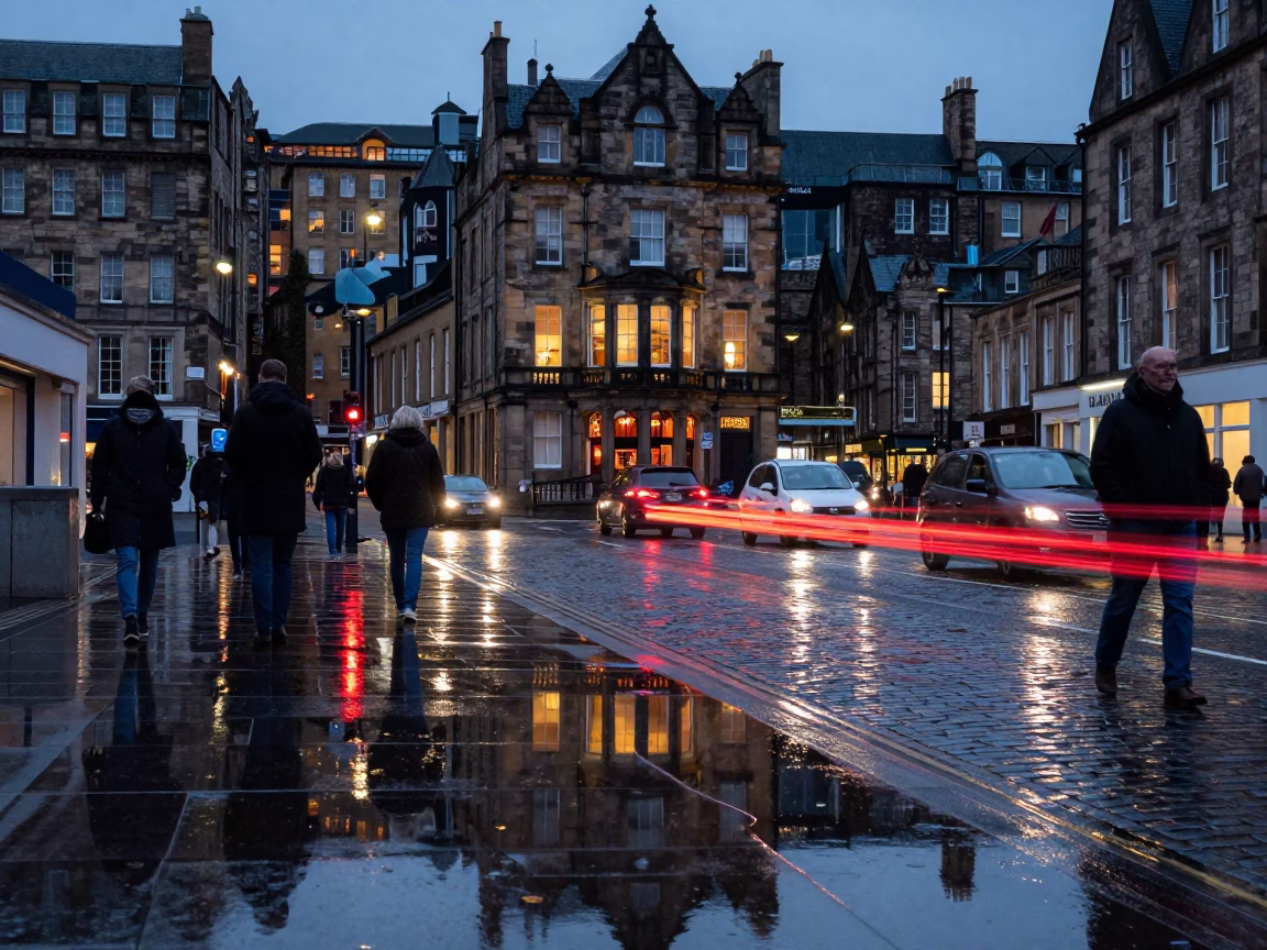 Edinburgh Twilight Street Scene with Puddle Reflections of Hotel Lights and Traffic Tail Lights in in Edinburgh, United Kingdom
