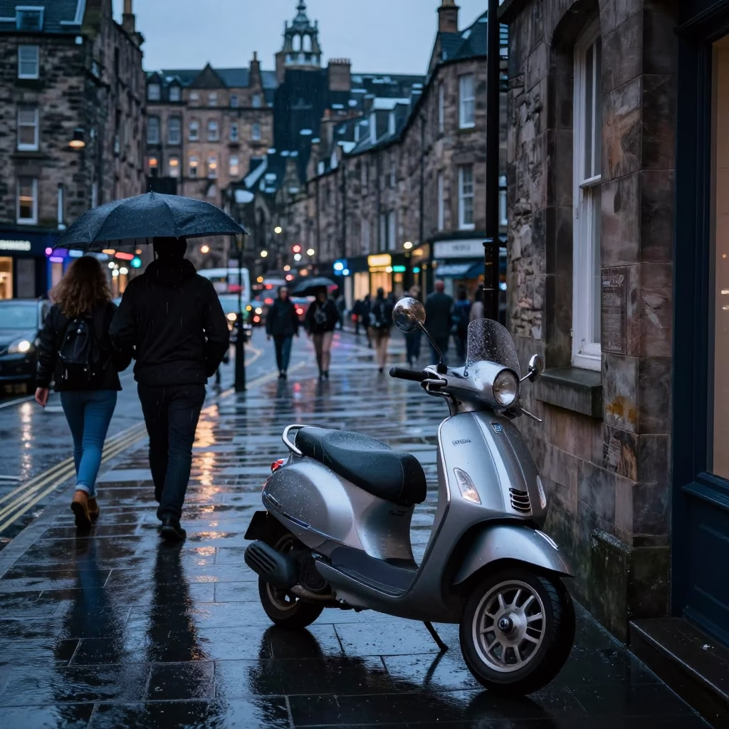Edinburgh Twilight Street Scene with Scooter and Rain on Doorframe in in Edinburgh, United Kingdom