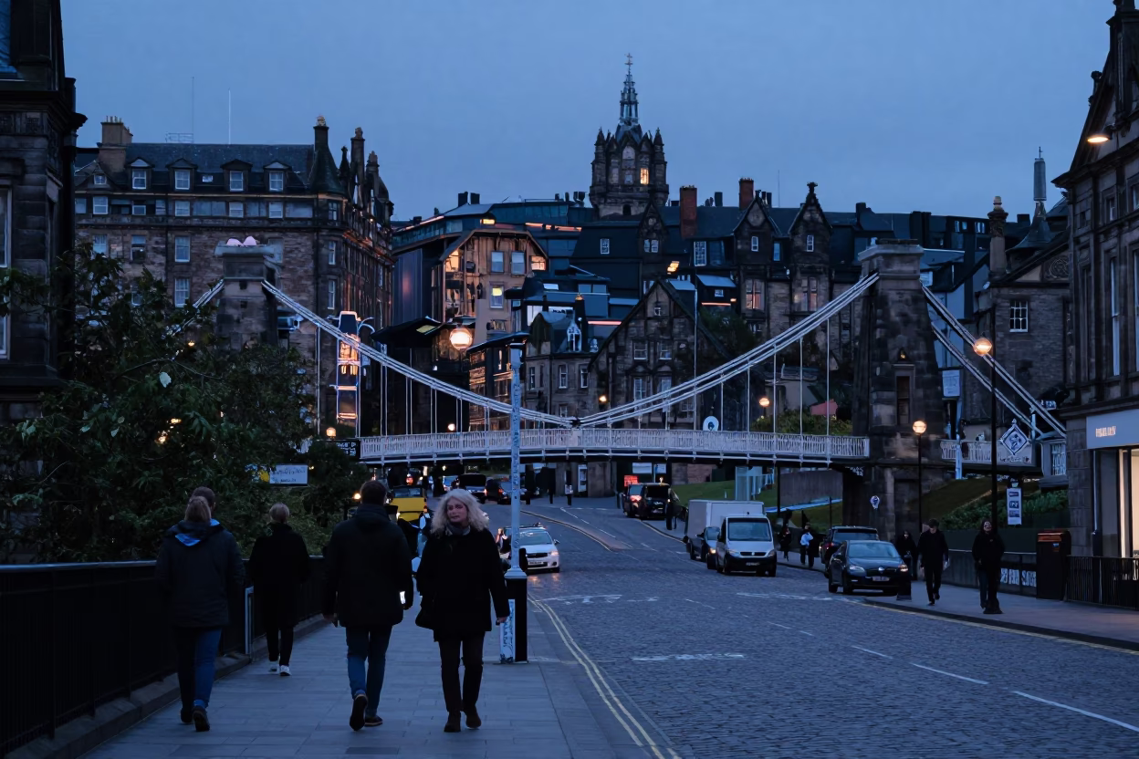 Edinburgh Twilight Street Scene with Suspension Bridge and Porcelain Bowl in in Edinburgh, United Kingdom