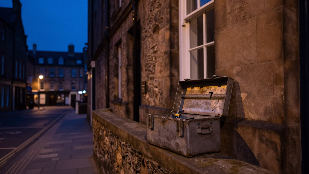 Edinburgh Twilight Street Scene with Toolbox and Window Light Reflections in in Edinburgh, United Kingdom