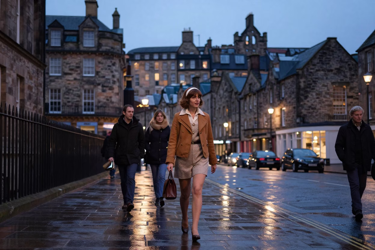 Edinburgh Twilight Street Scene with Vintage 1970s Fashion and Local Architecture in in Edinburgh, United Kingdom
