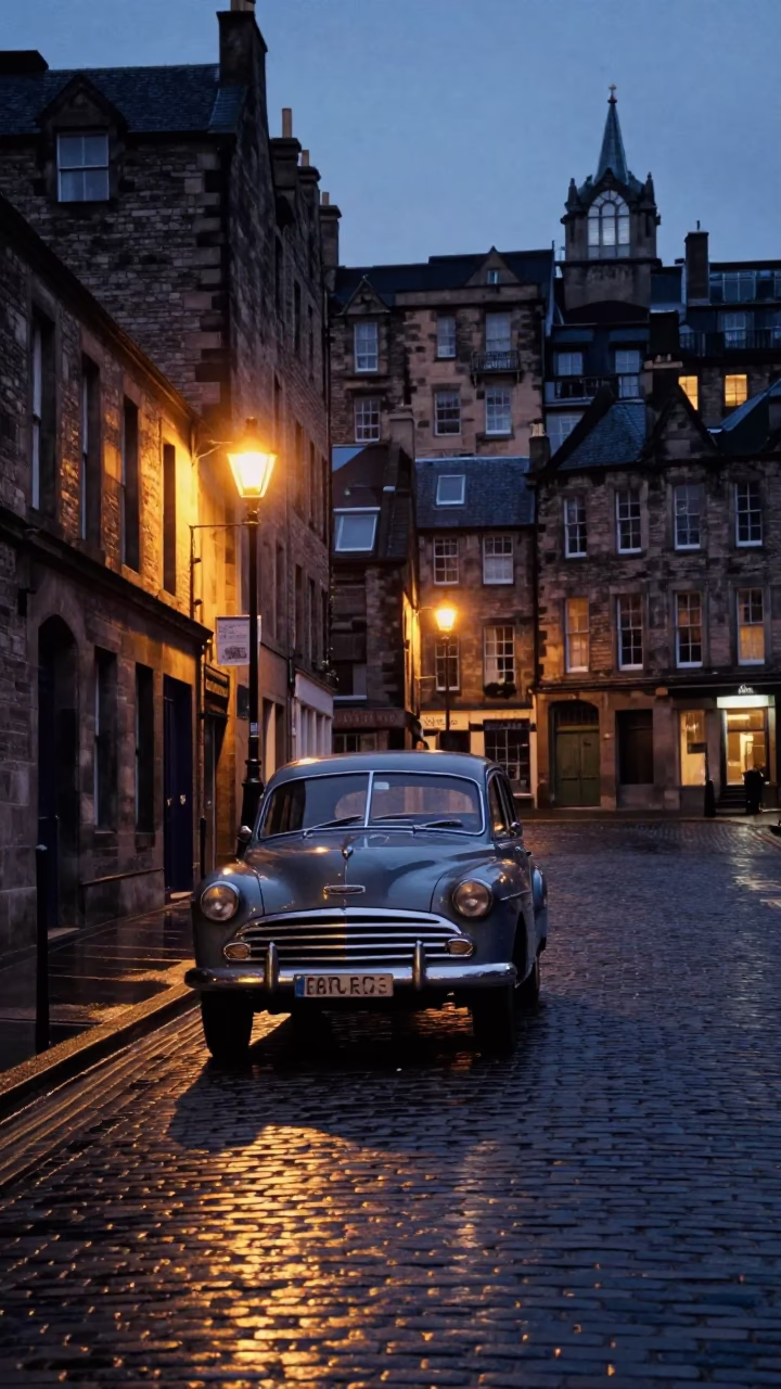 Edinburgh Twilight Street Scene with Vintage Car and Cobblestone Alley in in Edinburgh, United Kingdom