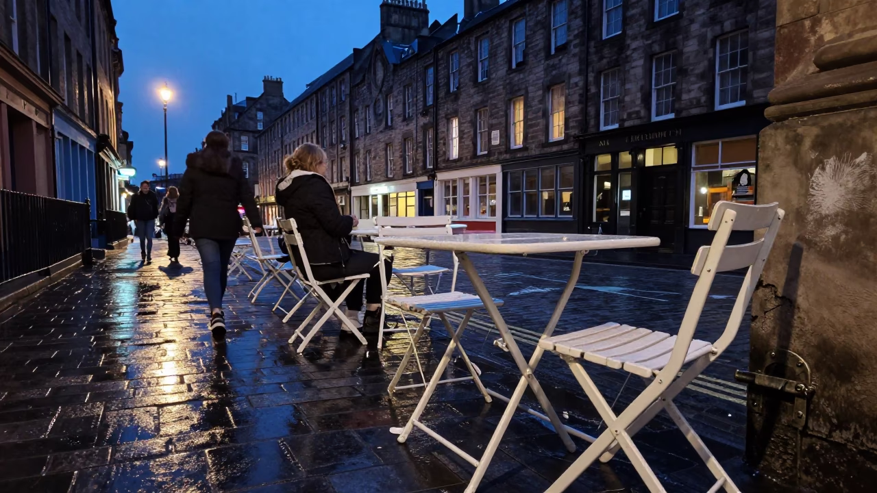 Edinburgh Twilight Street Scene with Vintage Folding Tables and Urban Details in in Edinburgh, United Kingdom
