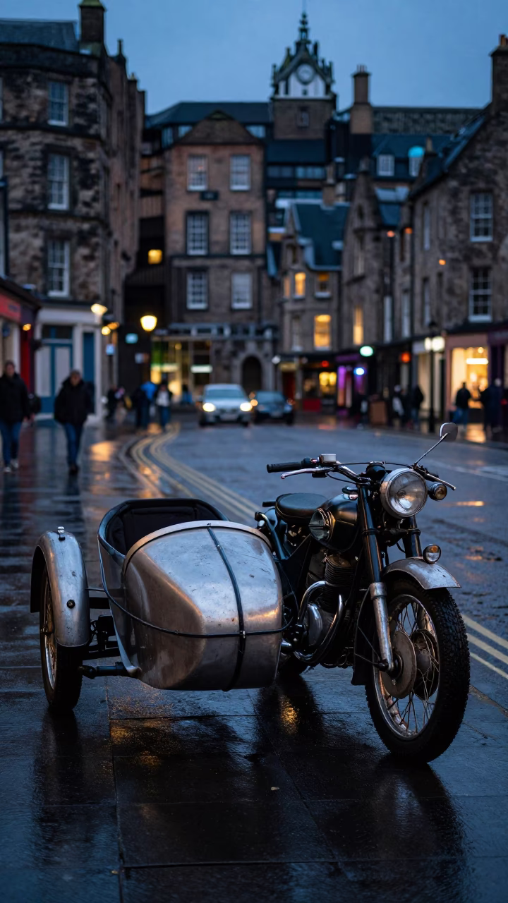 Edinburgh Twilight Street Scene with Vintage Motorcycle Sidecar and Garden Rake in in Edinburgh, United Kingdom