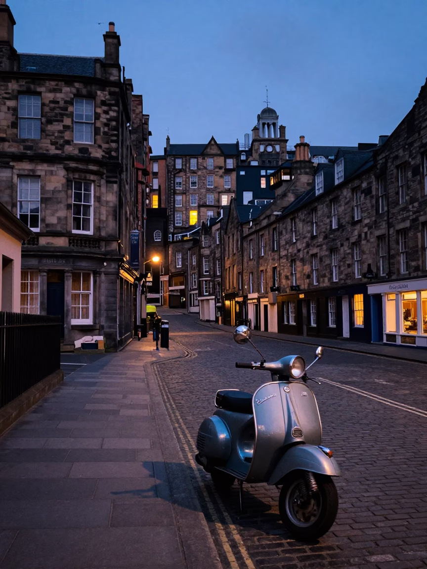 Edinburgh Twilight Street Scene with Vintage Scooter and Stone Architecture in in Edinburgh, United Kingdom