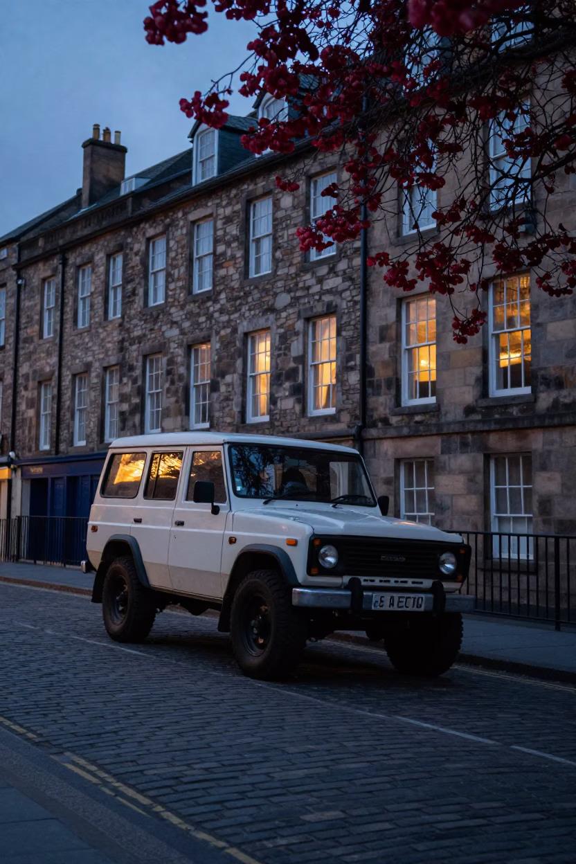 Edinburgh Twilight Street Scene with Vintage SUV and Cherry Blossoms in in Edinburgh, United Kingdom