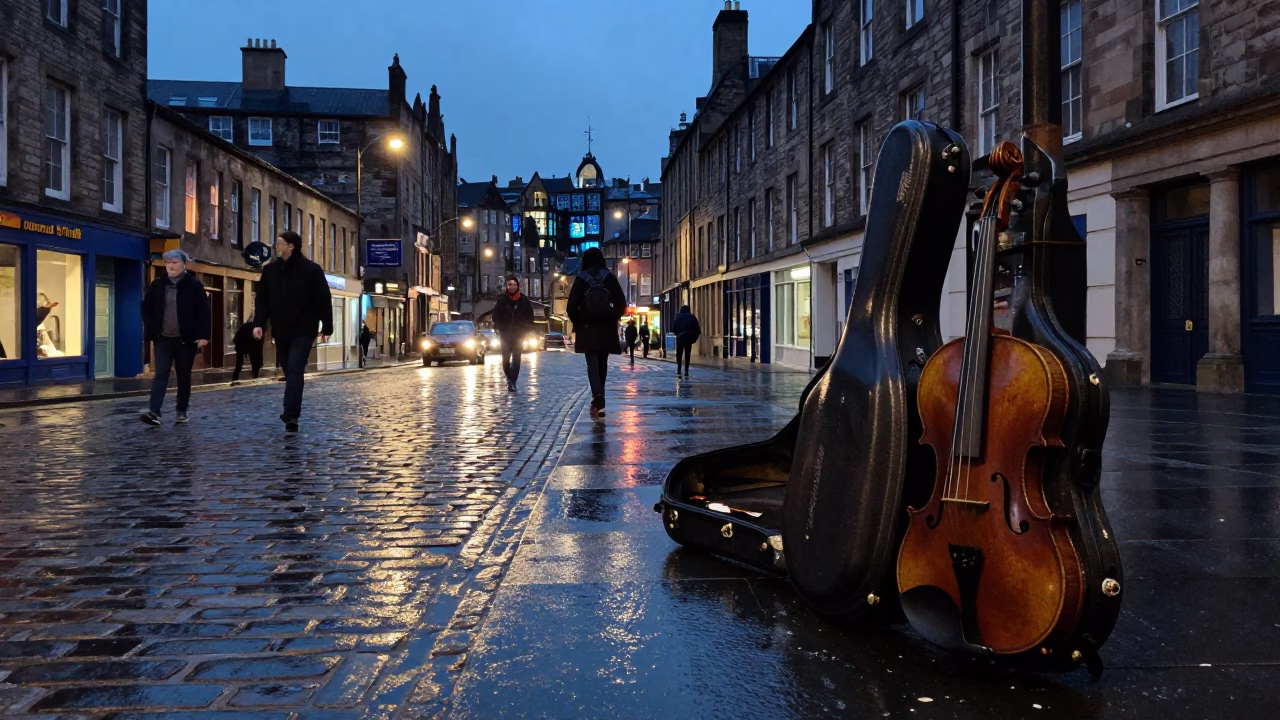 Edinburgh Twilight Street Scene with Violin Case and Rusty Basin at Dusk in in Edinburgh, United Kingdom