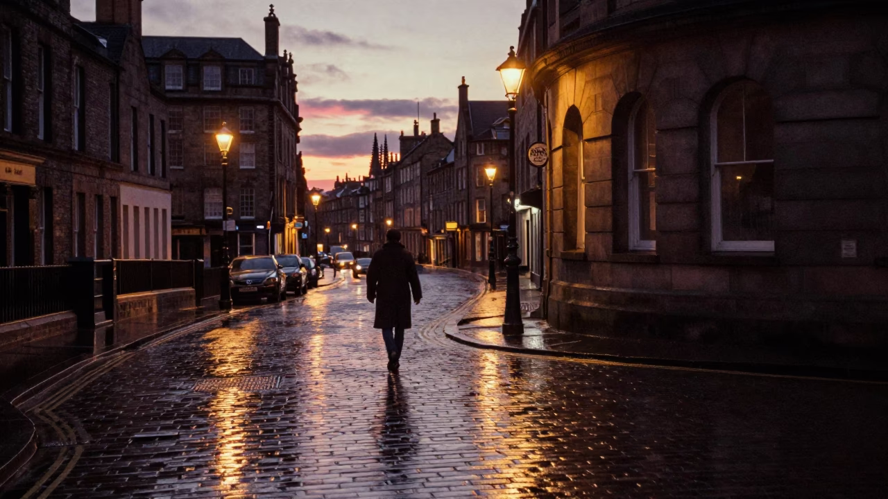 Edinburgh Twilight Street Scene with Wet Pavement Reflections and Classic Architecture in in Edinburgh, United Kingdom