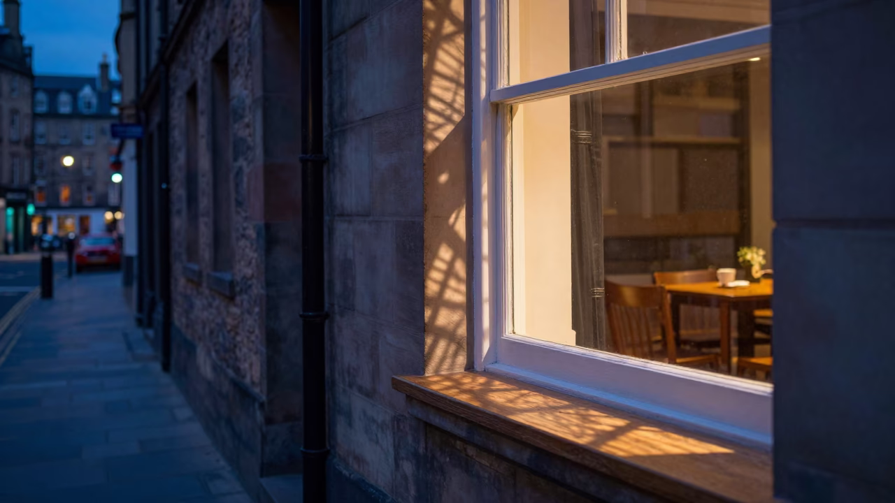 Edinburgh Twilight Street Scene with Wicker Shadow and Window Light on Countertop in in Edinburgh, United Kingdom