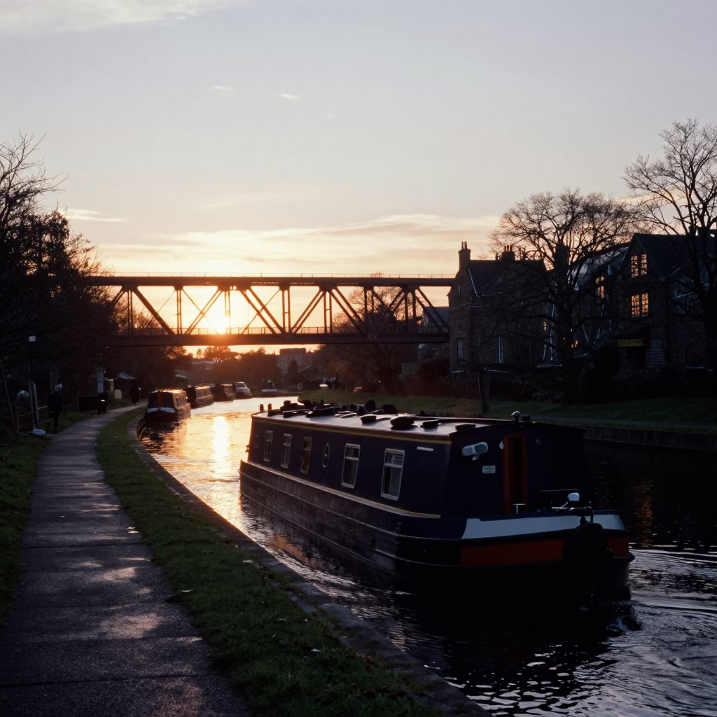 Edinburgh Union Canal at dusk with coal barge under railroad bridge in in Edinburgh, United Kingdom