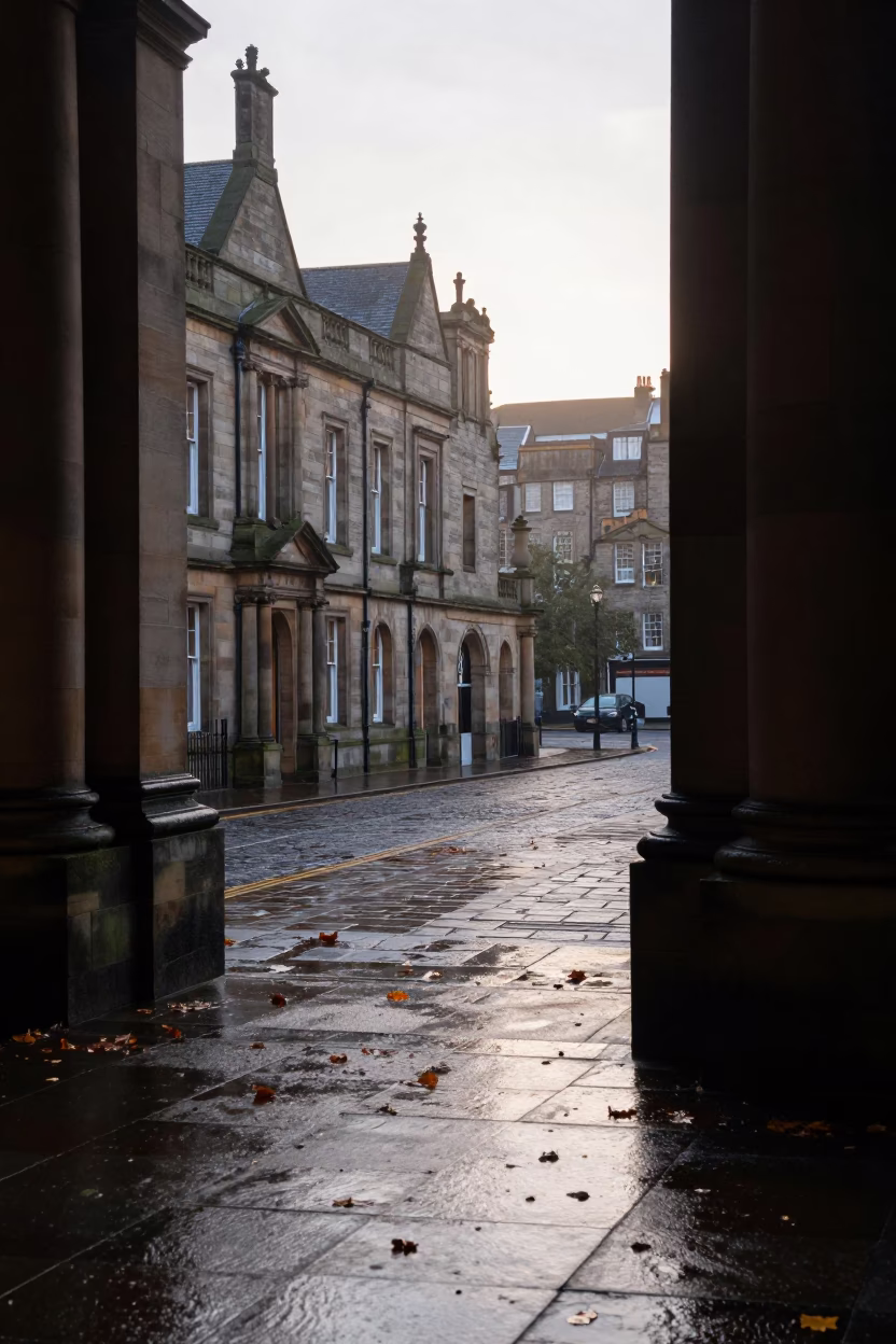 Edinburgh University Arcade at Nautical Dawn with Wet Leaves and Coat Hooks in in Edinburgh, United Kingdom
