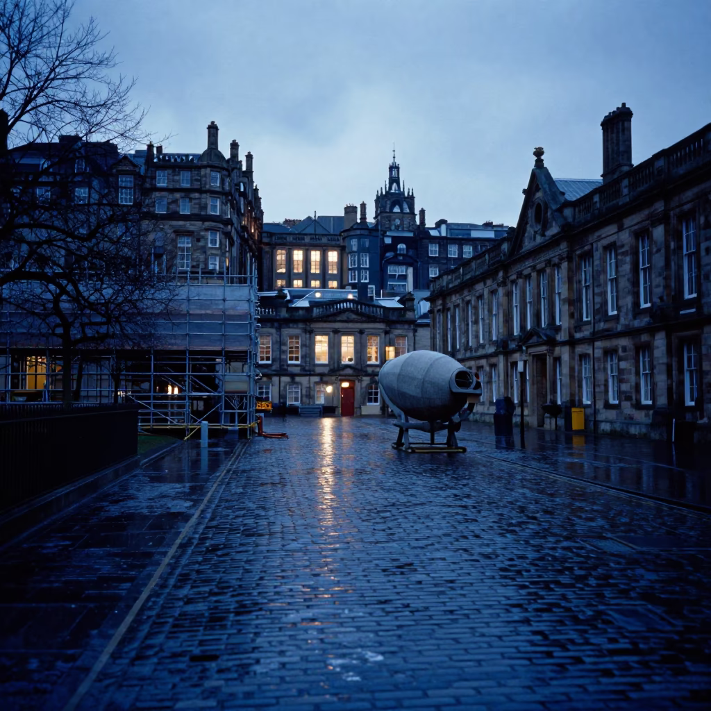 Edinburgh University Campus Quad in Blue Evening Light with Wet Brick and Construction in in Edinburgh, United Kingdom