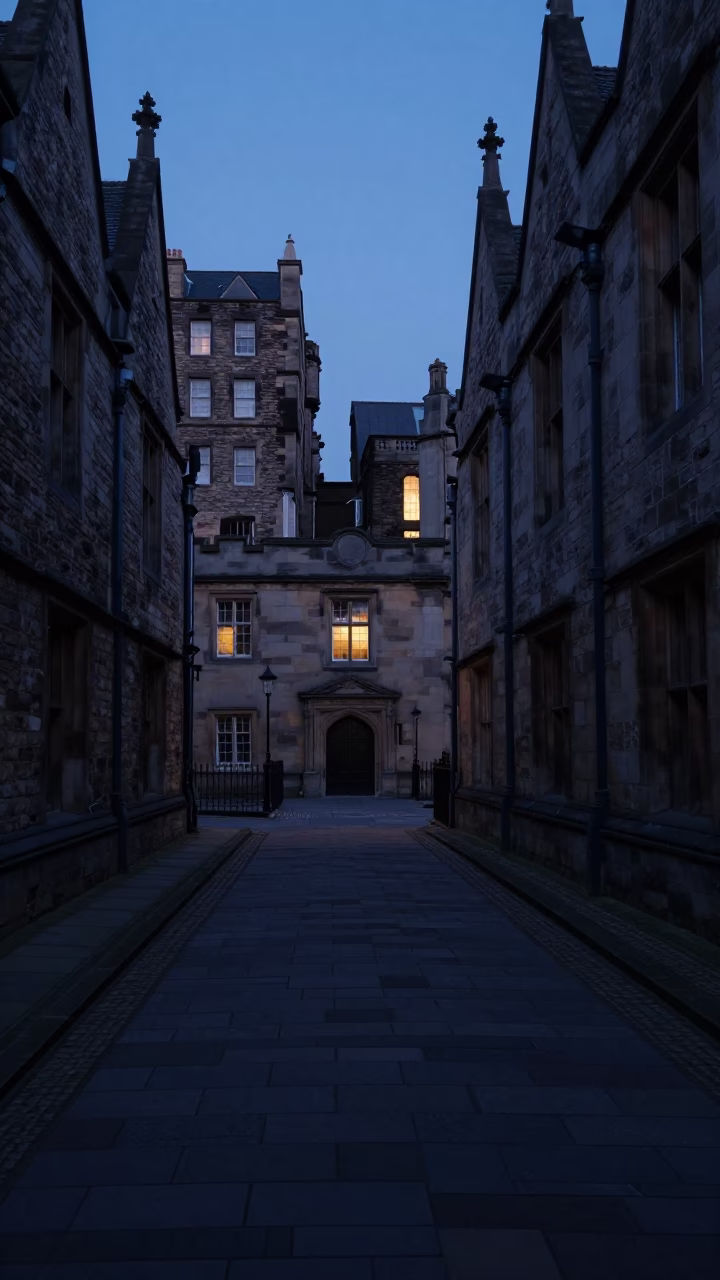 Edinburgh University Cloister Predawn Walkway Between Old Stone Buildings in in Edinburgh, United Kingdom