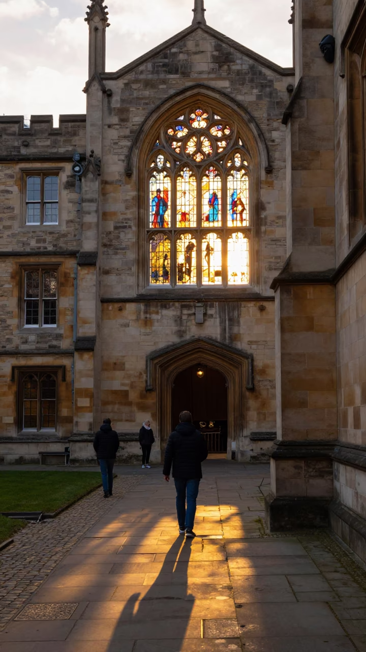 Edinburgh University Cloister Walkway at Golden Hour with Stone Architecture in in Edinburgh, United Kingdom