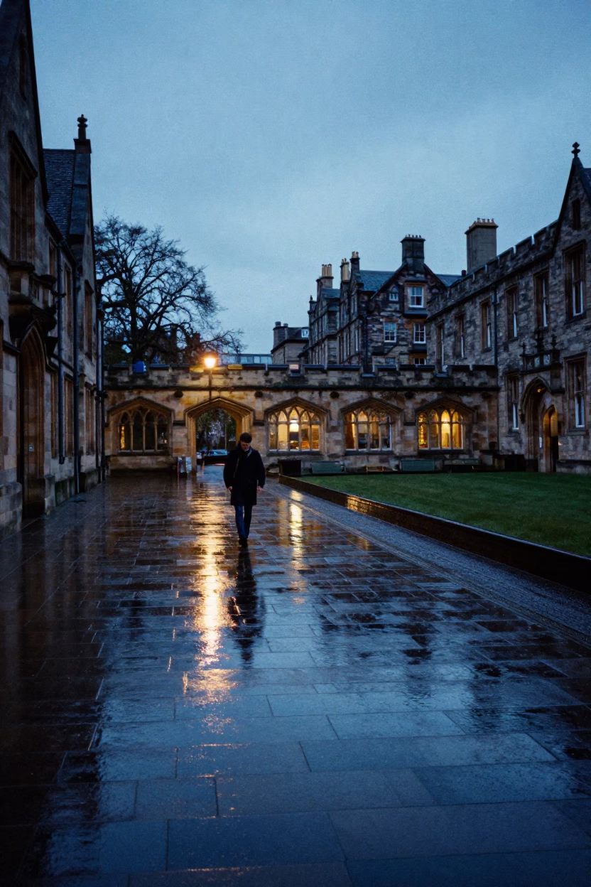 Edinburgh University Cloister Wet Flagstones Blue Hour Rain Reflections in in Edinburgh, United Kingdom