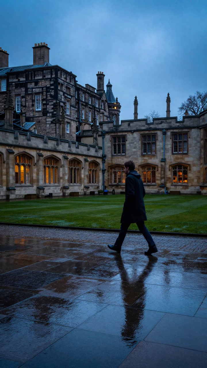 Edinburgh University Cloister Wet Flagstones Blue Hour Rain Reflections in in Edinburgh, United Kingdom