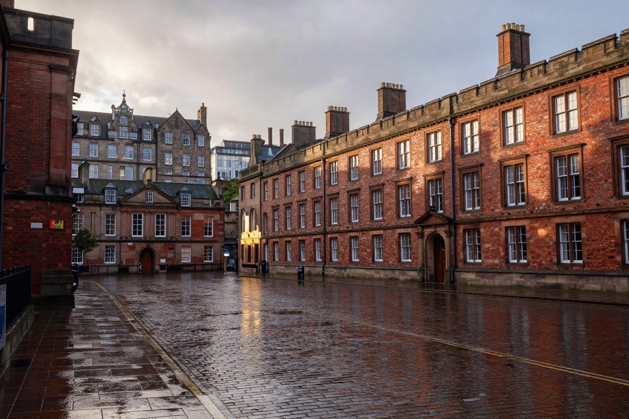 Edinburgh University Quad After Rain Sunrise Wet Brick Buildings Bicycle Rack in in Edinburgh, United Kingdom
