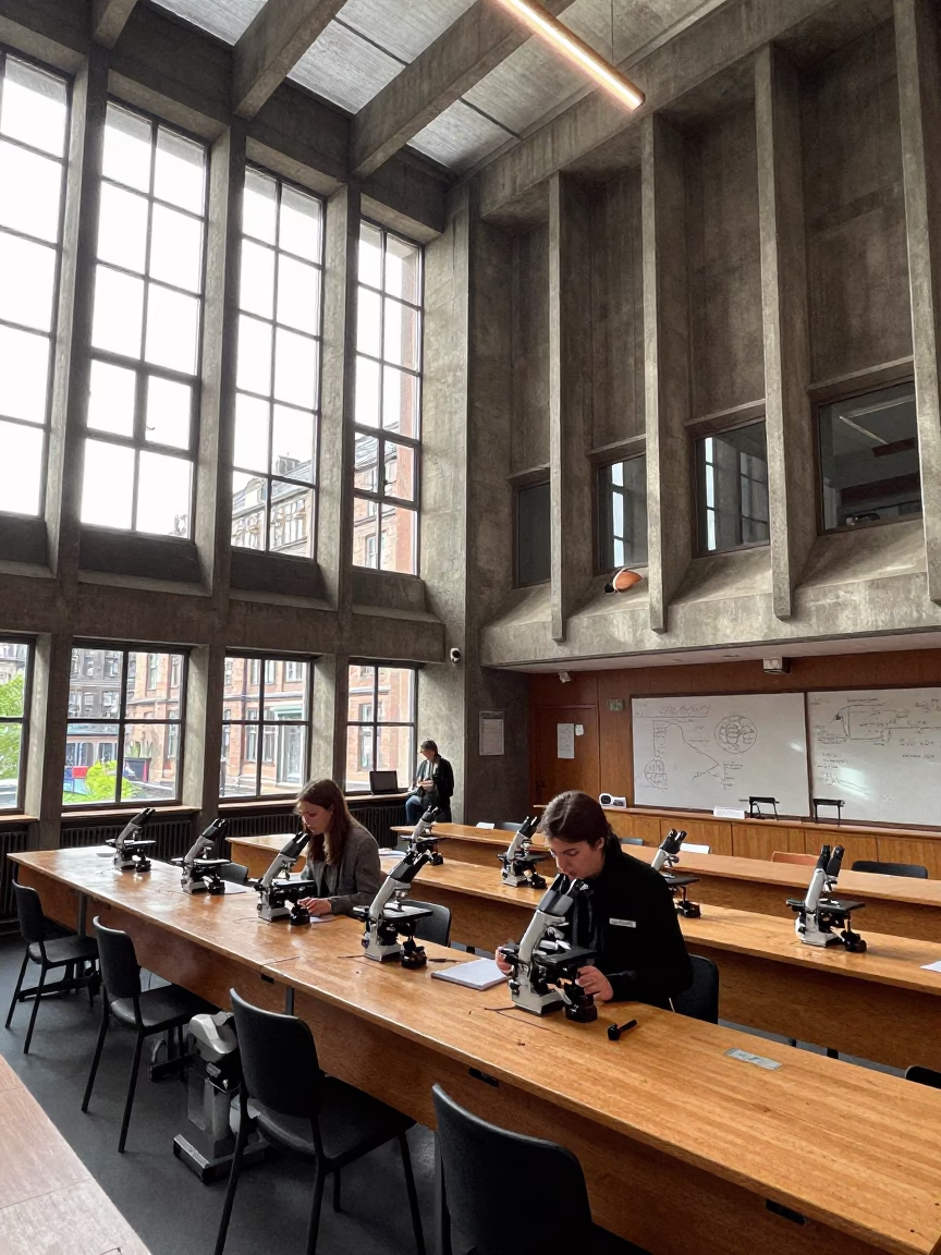 Edinburgh University Science Classroom with Brutalist Architecture and Biology Lesson Setup in in Edinburgh, United Kingdom