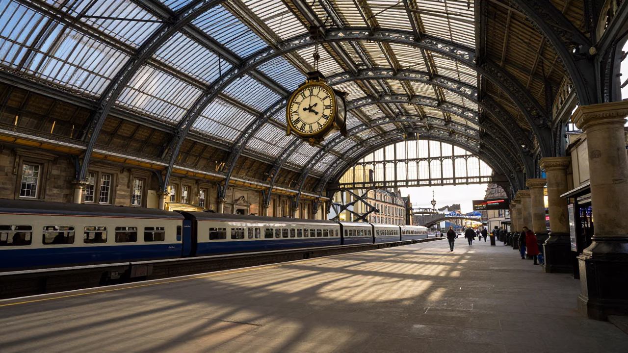 Edinburgh Waverley Station Clock Under Iron Roof Late Afternoon in in Edinburgh, United Kingdom