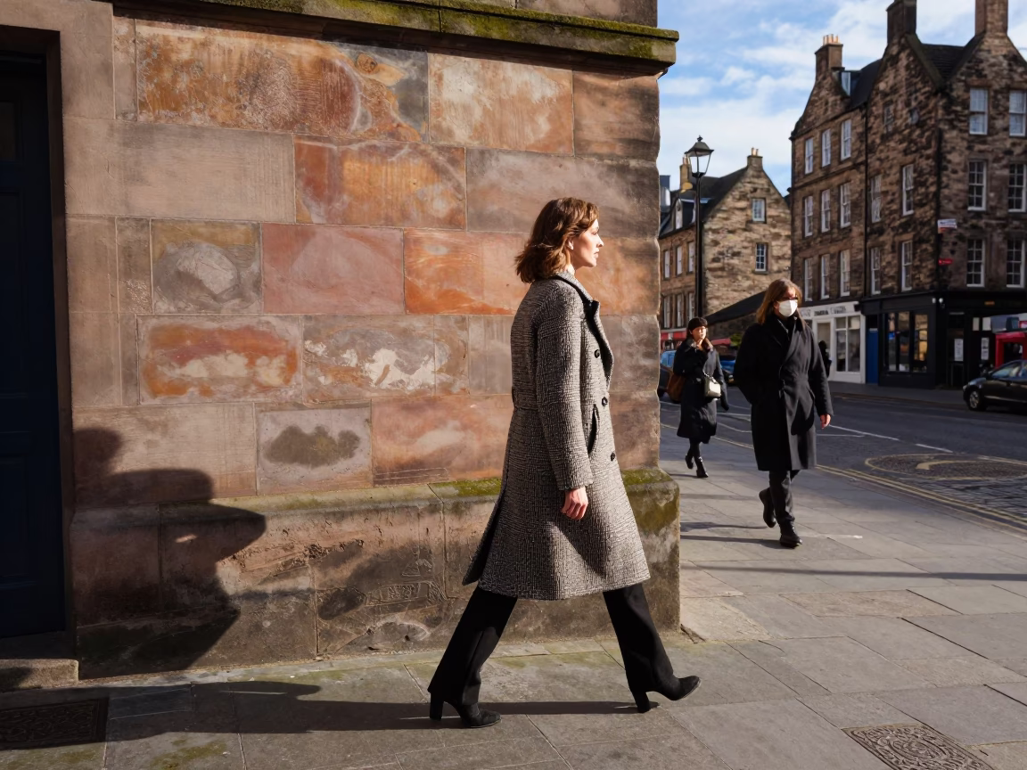 Edinburgh Winter Noon High Fashion Street Scene with Stone Walls in in Edinburgh, United Kingdom