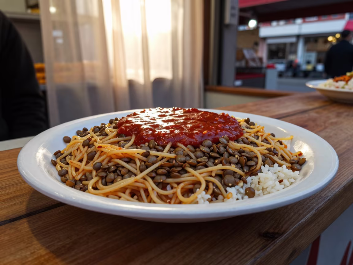 Edirne Koshari Plate with Lentils and Noodles in at a market stall counter in Edirne