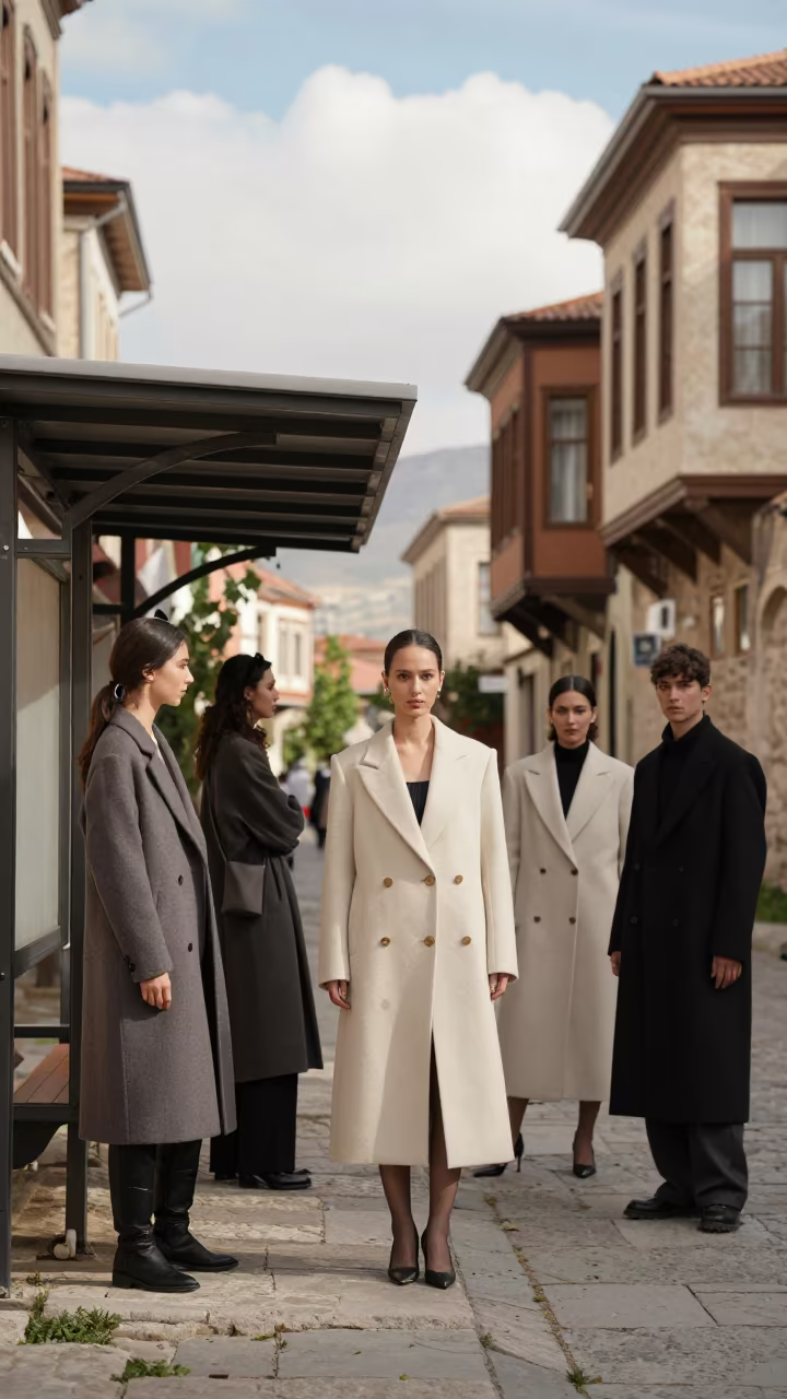 Editors in Sculptural Coats Erzurum Fashion Week in in a stone lane between old facades in Erzurum