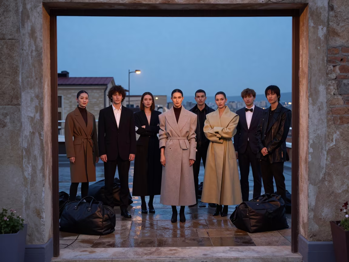 Editors in Sculptural Coats at Kayseri Rooftop in on a rooftop above evening traffic in Kayseri