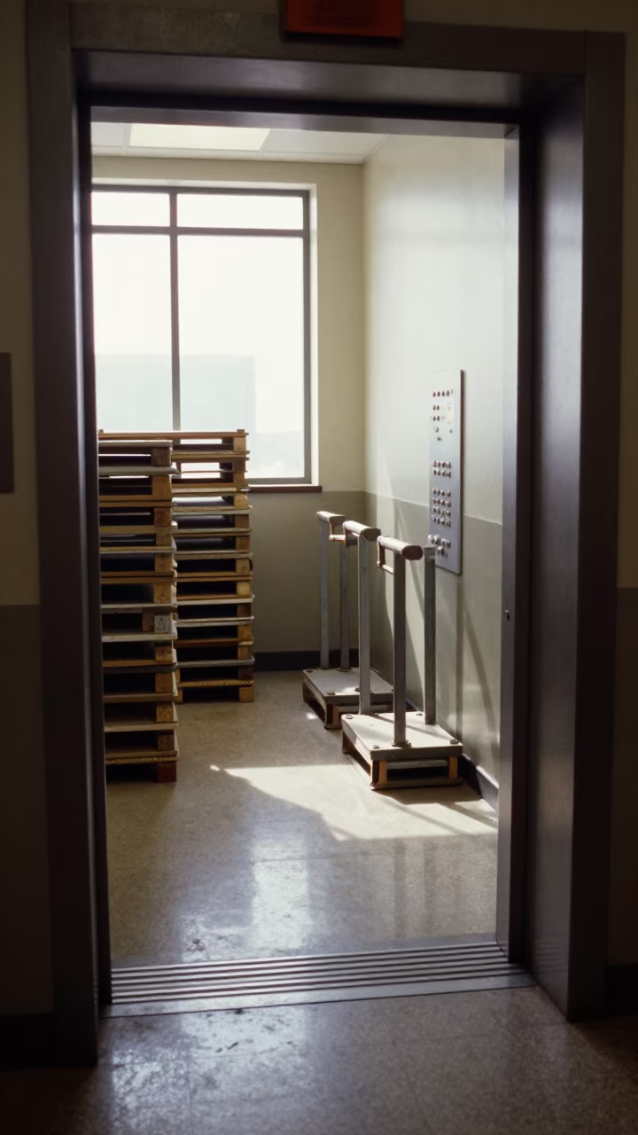 Edmonton Service Elevator Lobby Mid Shift in in a quiet guest corridor in Edmonton